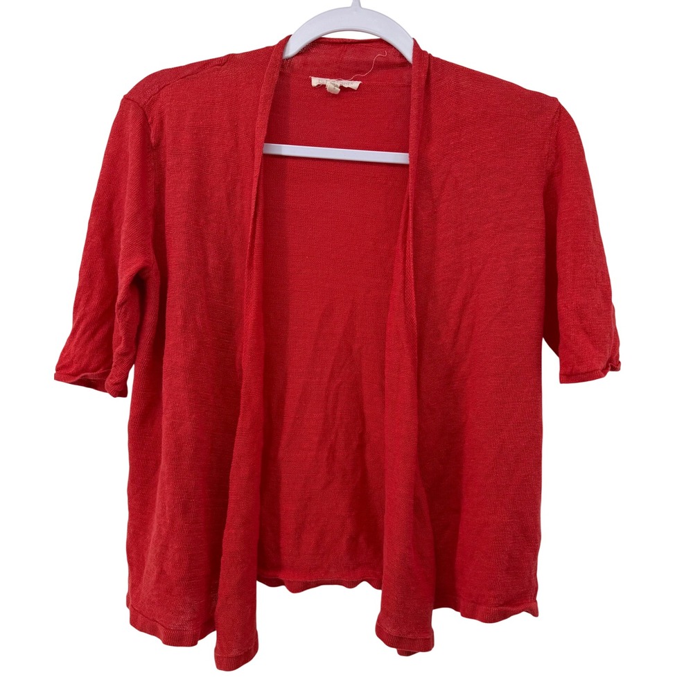 Eileen Fisher Womens Red 100% Linen Short Sleeve Open Front Cardigan Sweater S